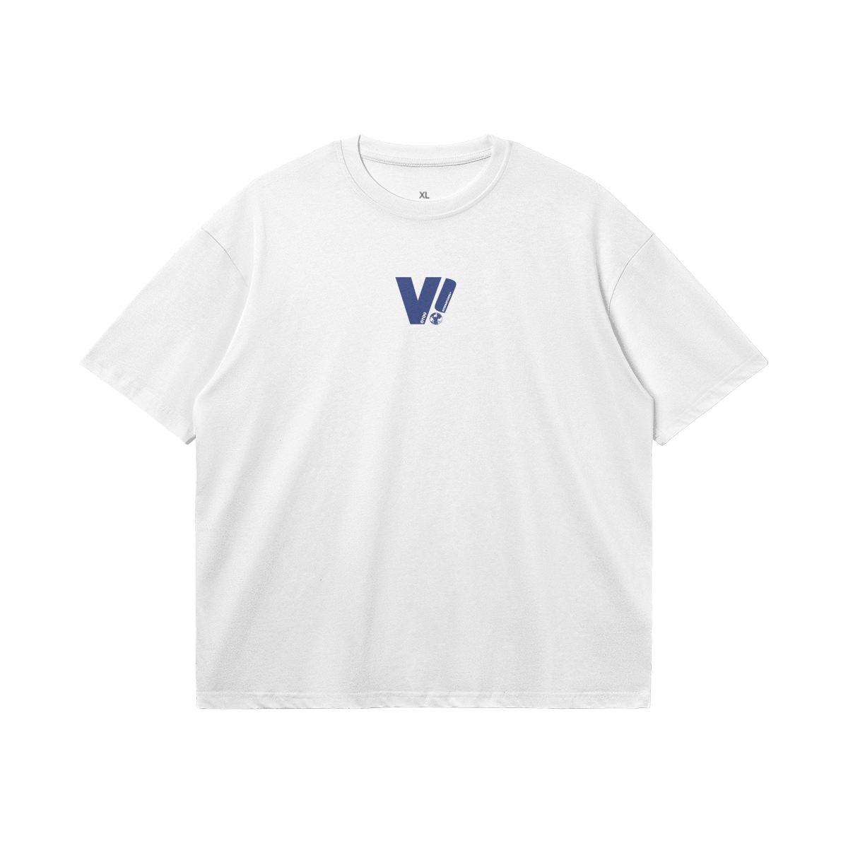 White boxy tee with small blue V! logo on the chest