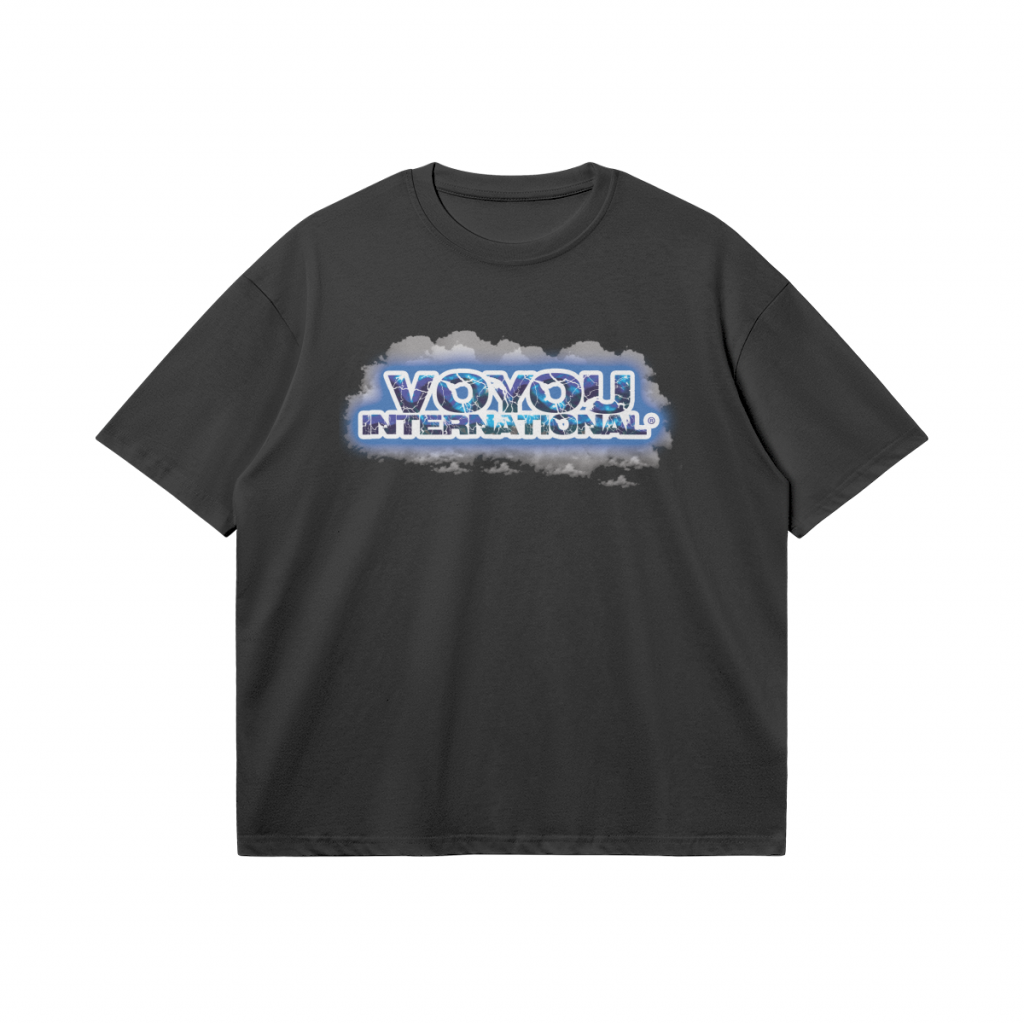 Black boxy tee with Voyou International storm cloud graphic