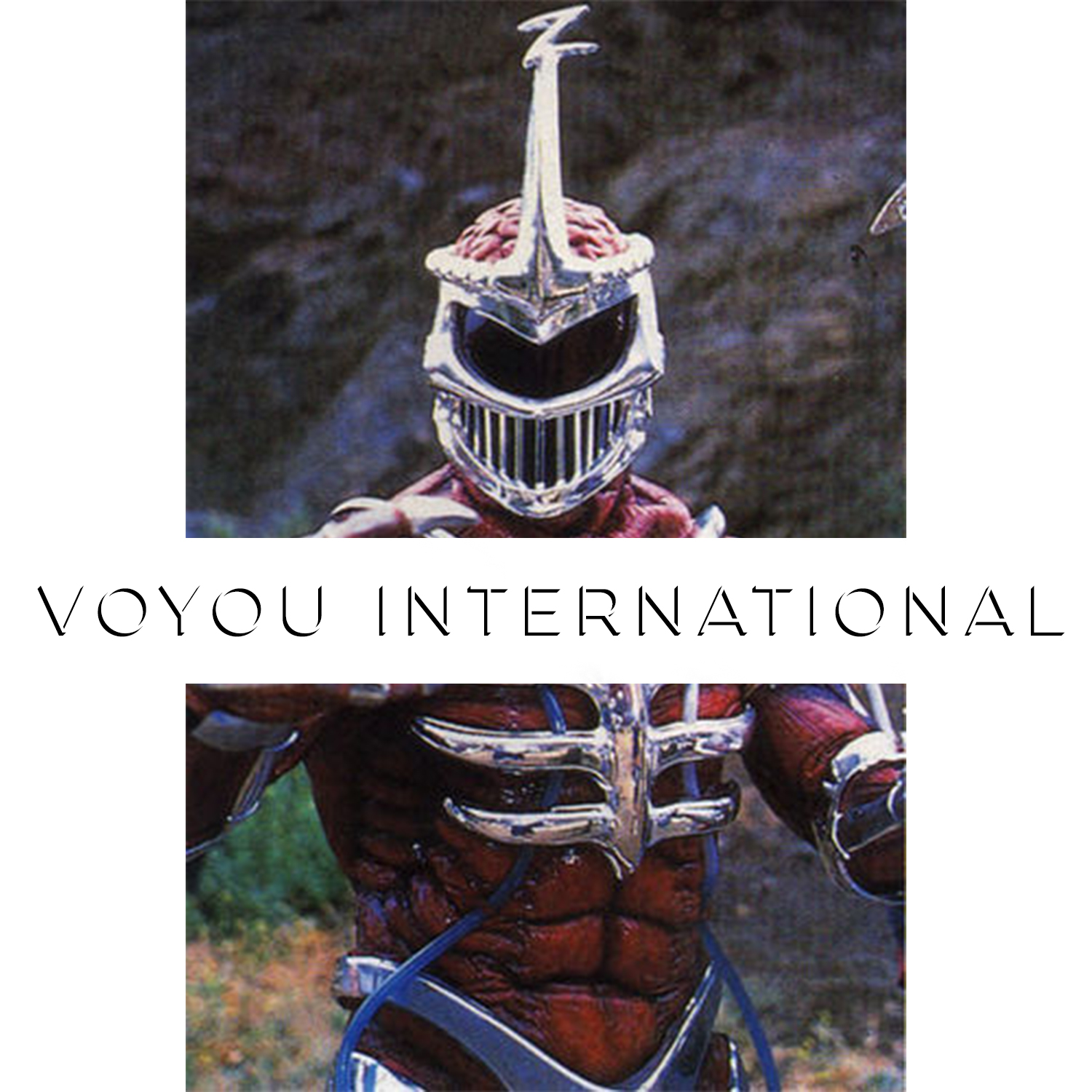 Armored villain costume with Voyou International text